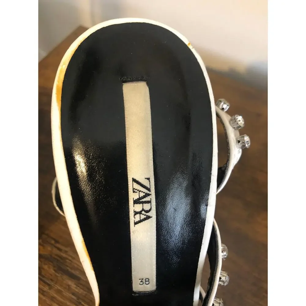 Zara Studded High Heel Sandals Size 38 White Silver Crystals Square Toe 7.5 US